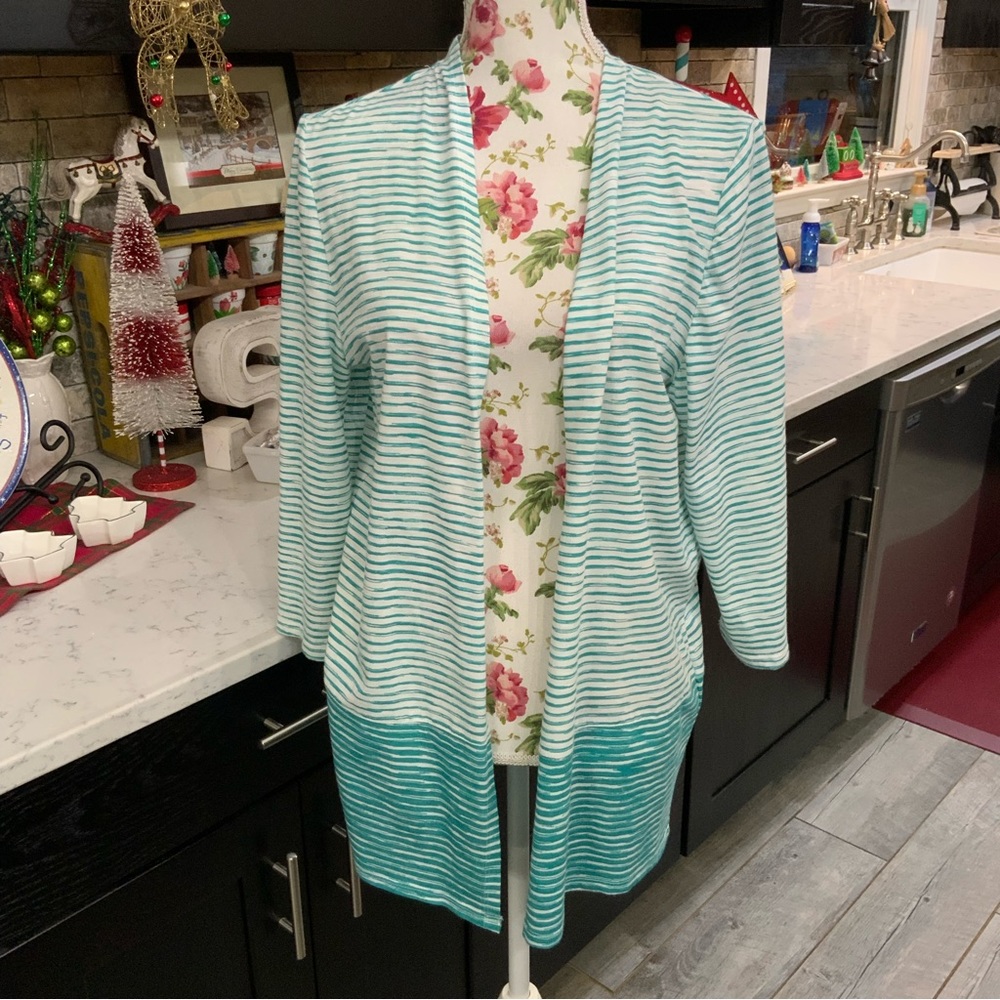 Chico’s Open Front Long Cardigan
Green White Stripe Medium
3/4 Sleeve